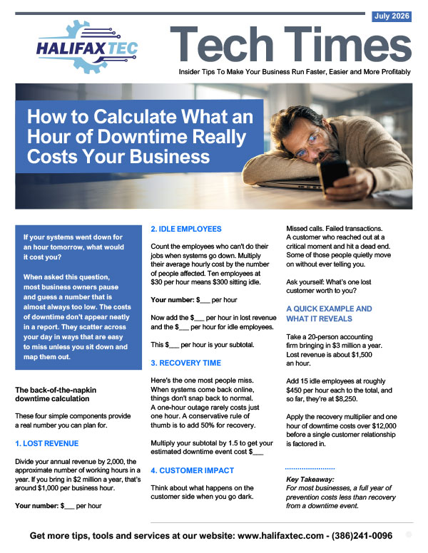 Halifaxtec Tech Times newsletter cover about calculating downtime costs